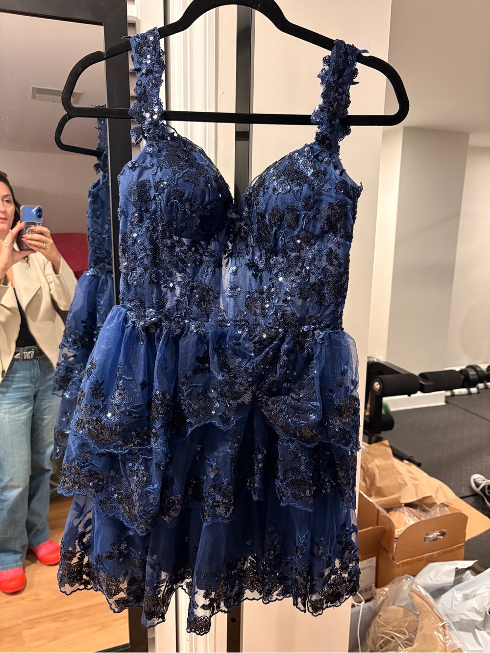 Elegant Navy Blue Lace & Sequin Homecoming Hoco dress